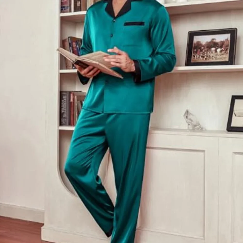 Men's Silk Pajama Set Classic Button Down Sleepwear Satin Loungewear